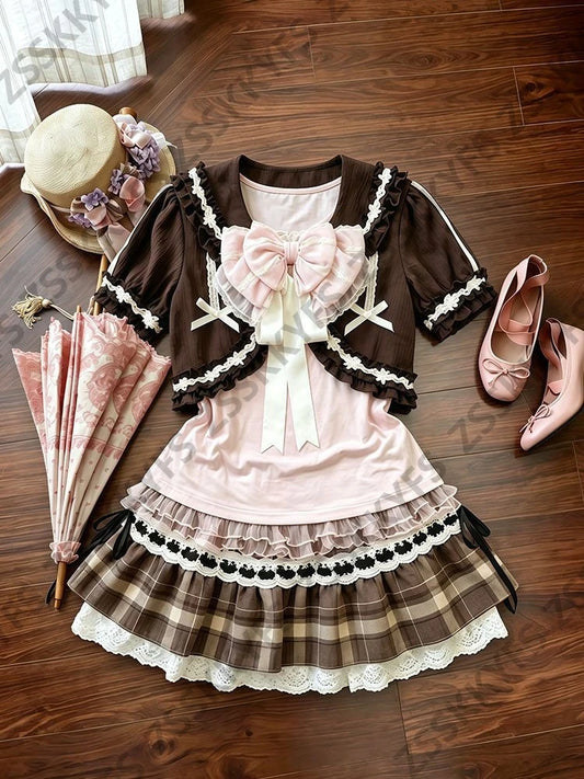 Kawaii Pink Bow Dresses Harajuku Summer 2000s Women's Casual Sexy Y2k 3 Piece Set Dress Clothes Girl Straps Crop Top Mini Skirt