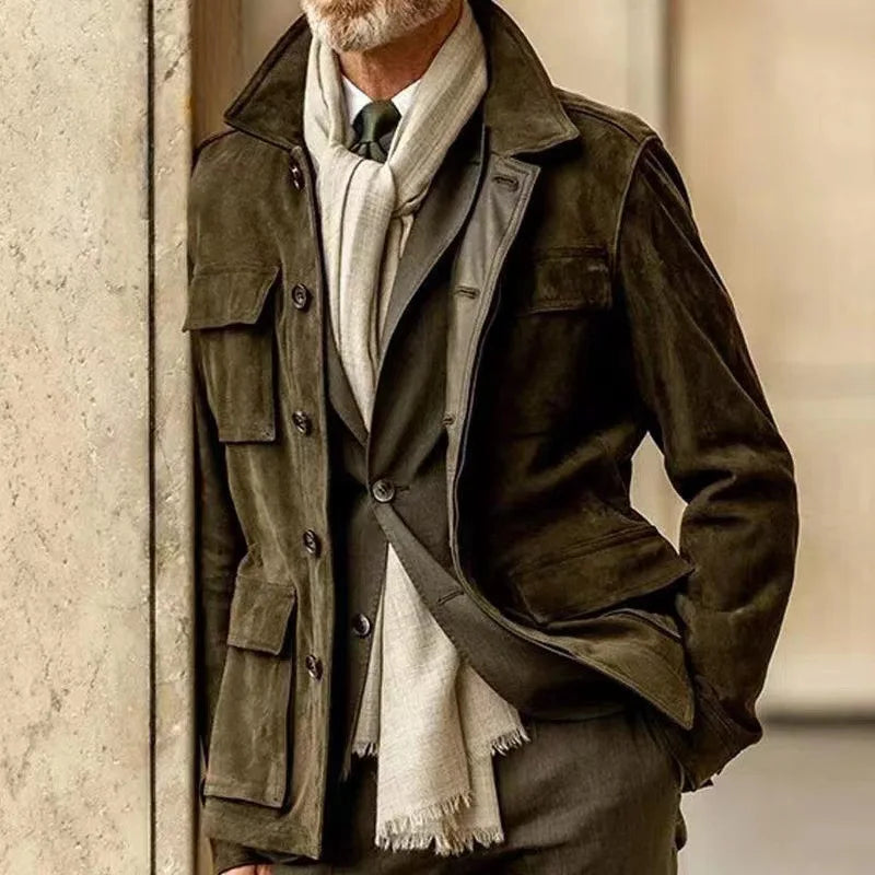 Cowhide Suede Jacket For Men Autumn Winter Turndown Collar Multi-pocket Windbreaker American Vintage Casual Coat Streetwear