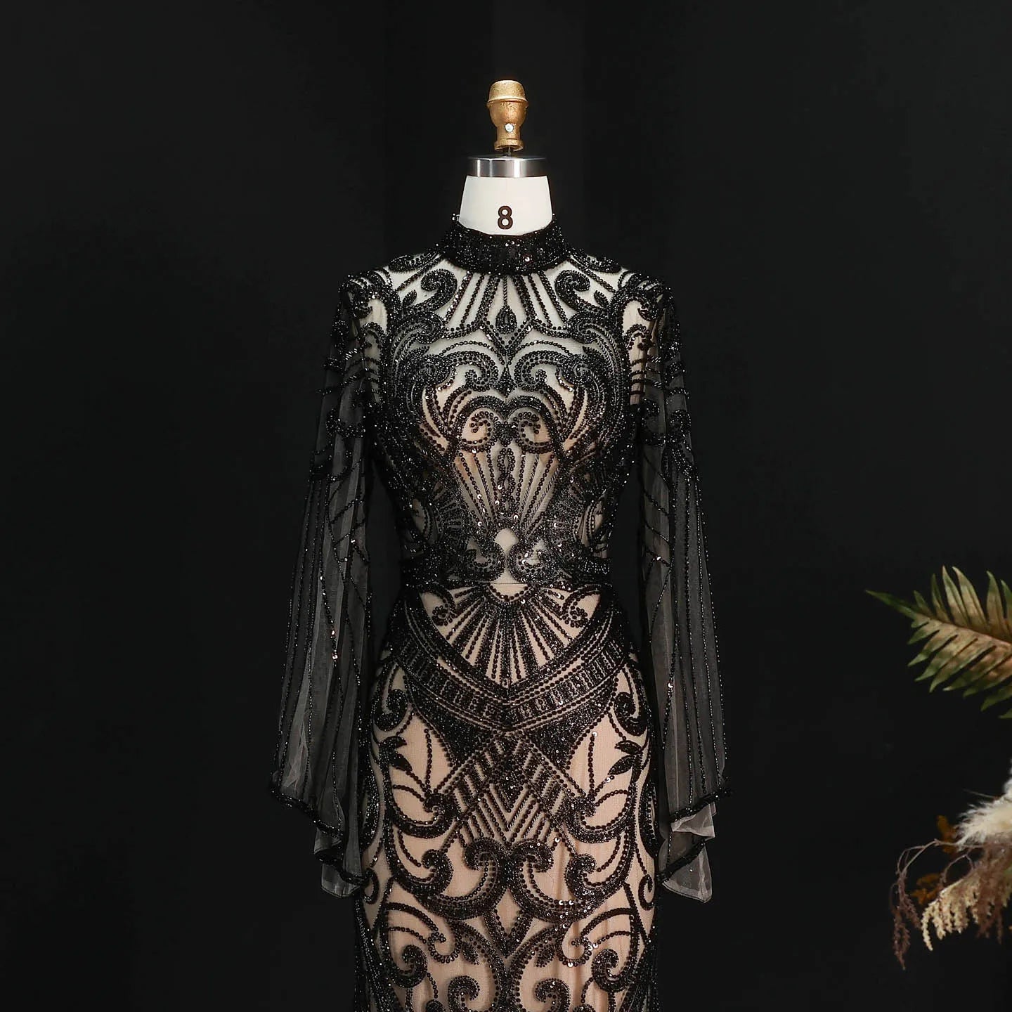 Sharon Said Dubai Black Evening Dress Geometric Beaded Pattern Long Flare Sleeve شارون سعيد Women Formal Prom Gown SS055 Custom