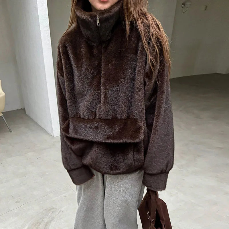 Luxury Faux Fur Hooded Pullovers Women's Loose Full Sleeve Stand Collar Pocket Coats 2025 New Autumn Winter Ladies Solid Outwear