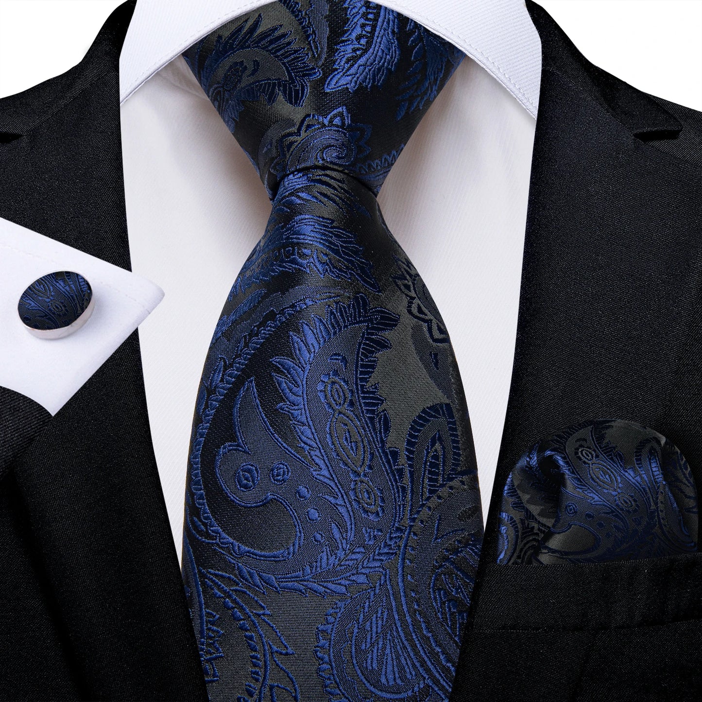 Royal Blue Paisley Plaid Striped Men tie Set with Handkerchief Cufflinks Wedding Prom Groom Accessories Perfect Gift for Men BAZAARHUBO