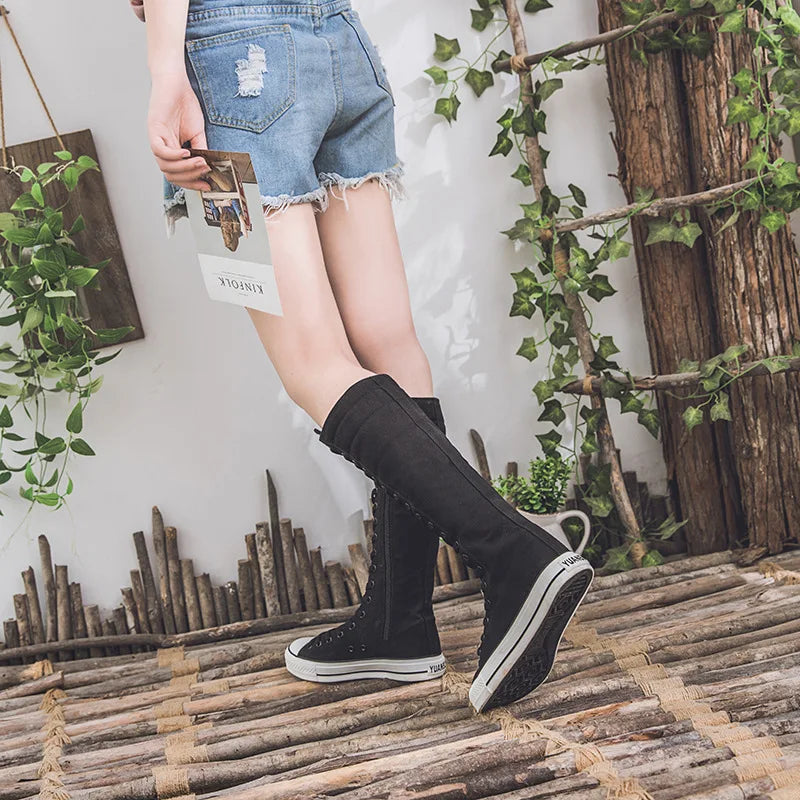 New Women's Canvas Boots Zip Shoes Comfortable Womens Shoes Flat High-top Female Sneakers Lace-up Knee-high Boots Bota Feminina