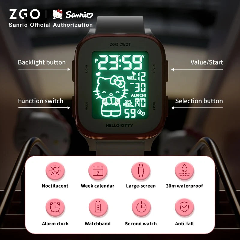 ZGO X Sanrio Hello Kitty Watch For Girls Student Kids' Electronic Watches Waterproof Sports Wristwatch Girl Child Gift Box 878