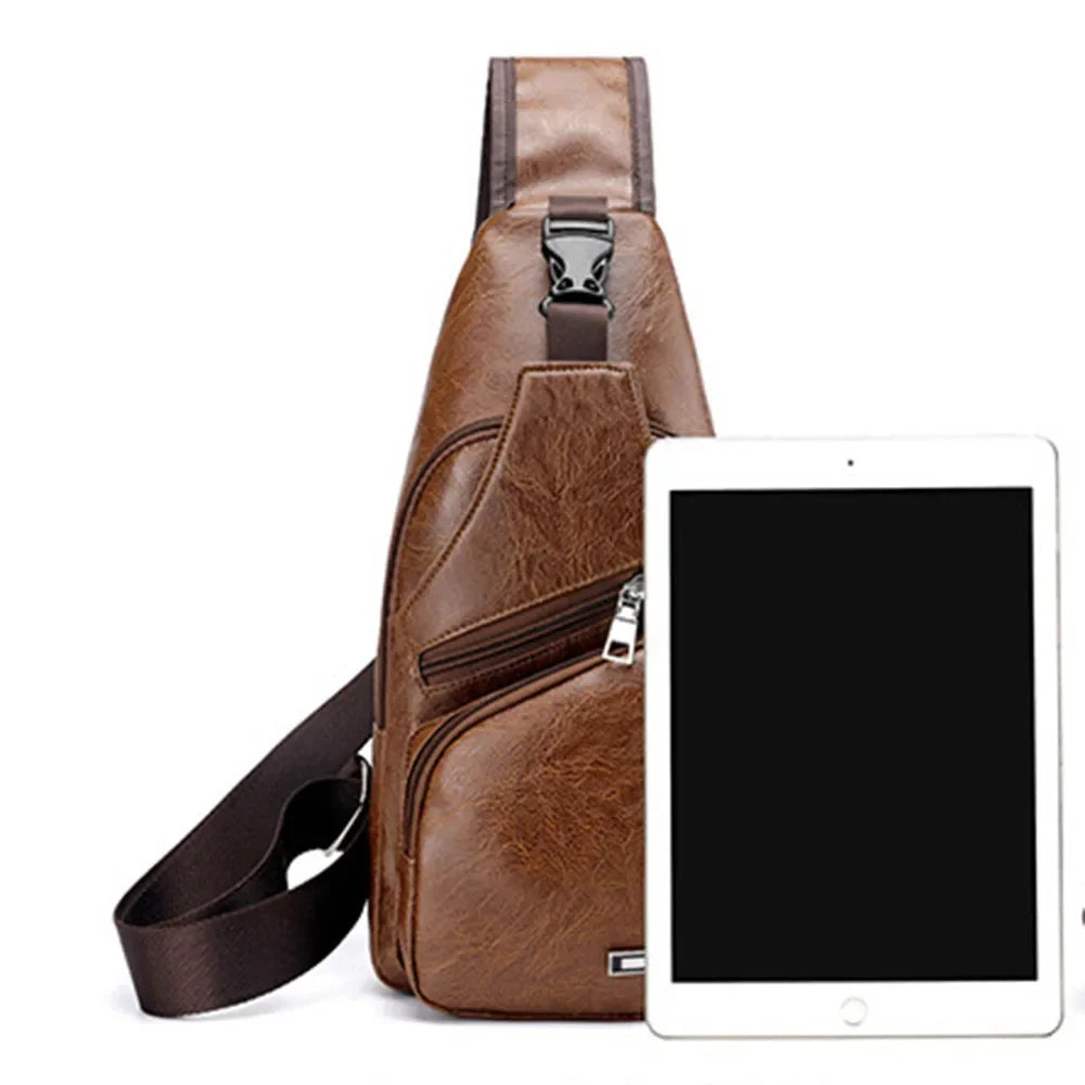 2024 Men's USB Chest Bag Designer Men Messenger Crossbody Package PU Leather Shoulder Bags Package Travel Chest Bag Bolso Hombre