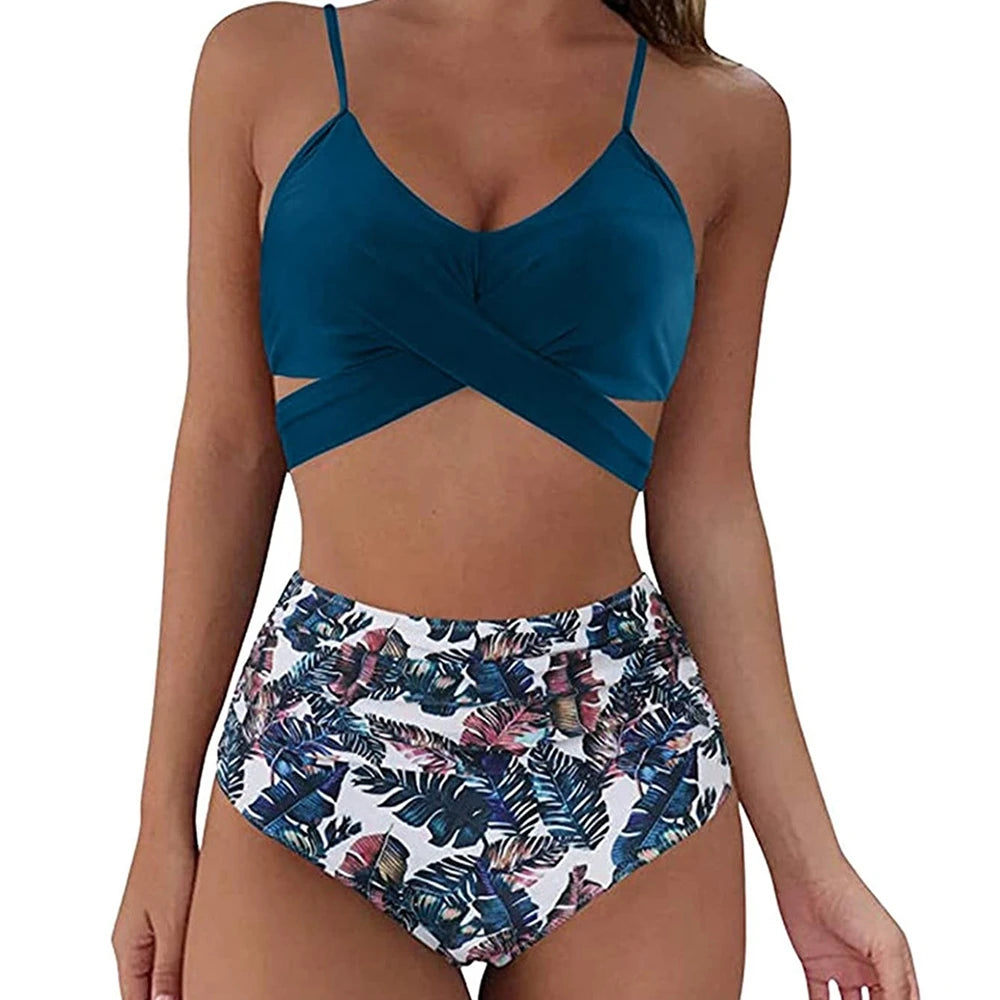 Hot 12 Colors Women Slim Bikini Sets High Waisted Sexy Swimwear 2 Pieces 2025 Solid/Floral Ruched Brazilian Swimsuit Cross Front
