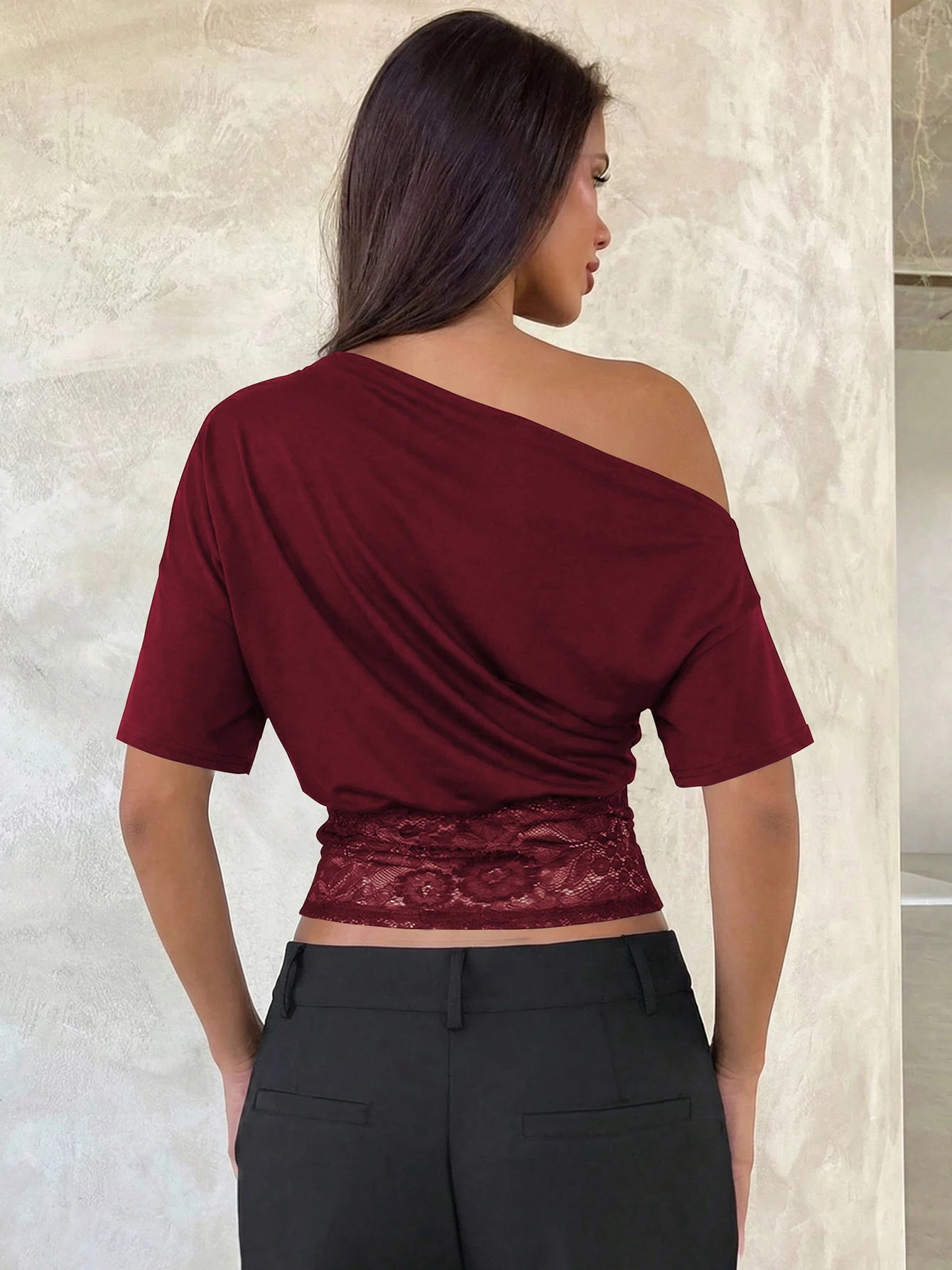 Dulzura Inclined Shoulder Short Sleeve Slim Lace Patchwork T-Shirt Women'S Vintage Sexy Casual Y2K Top Party Club Summer Clothes