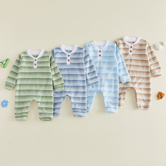 Casual Baby Boy Fall Romper Casual Striped Button V Neck Long Sleeve Infant Boy Jumpsuit Clothes