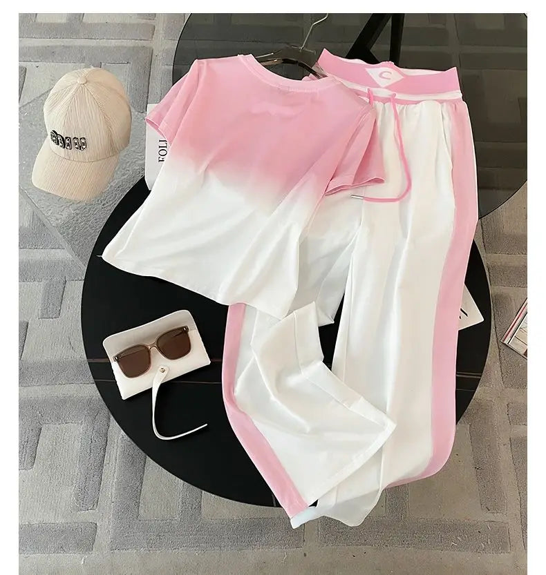 2024 Spring/Summer New Fashionable Gradient Short Sleeve+High Waist Wide Leg Pants Casual Two Piece Set