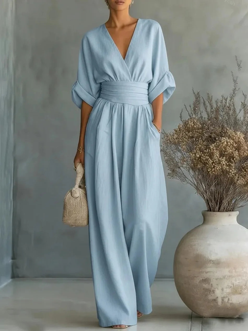 Women's Jumpsuit Fashion High Waist V-neck Casual Jumpsuits Sexy Solid Color Office Wide Leg Trousers Overalls Vacation Outfit