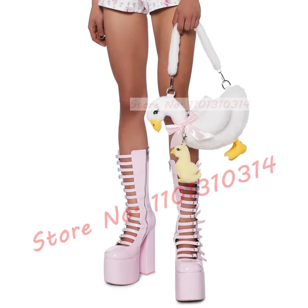Blue Strappy Platform Mid Calf Boots Women Spring Crocodile Print Round Toe Boots Ladies 14 Buckle Straps Chunky High Heel Shoes