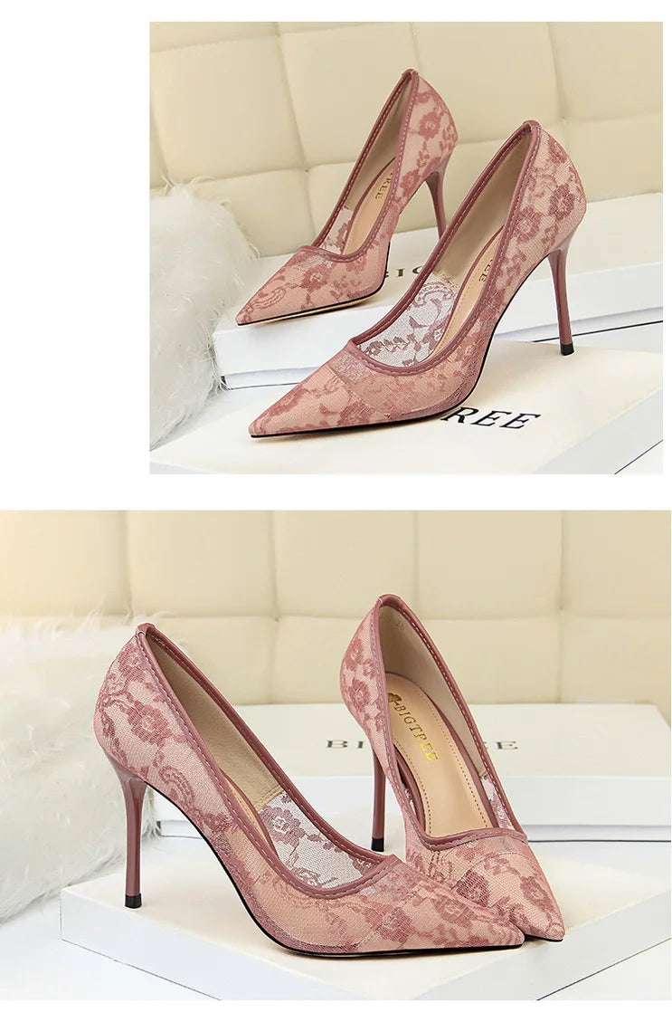 Women Fashion Sexy Pumps High Heels Shoes Female Sexy Wedding Shoes Ladies Stiletto Women New Pointed Toe Mesh Hollow Lace Heels