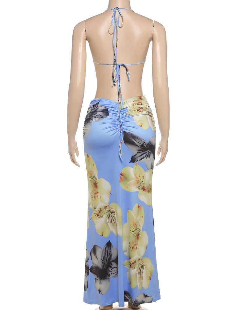 kliou Pearl Splice Stunning Dresses Women Sexy Tie Dye Tassel Bandage Hollow Shirring Maxi Bodycon Lady Vacation Party Vestidos