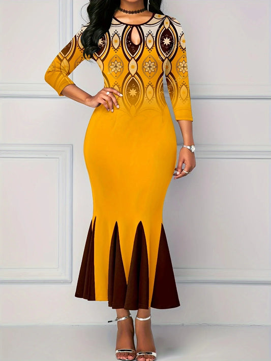Tribal Print Mermaid Ginger Round Neck Bodycon Dress