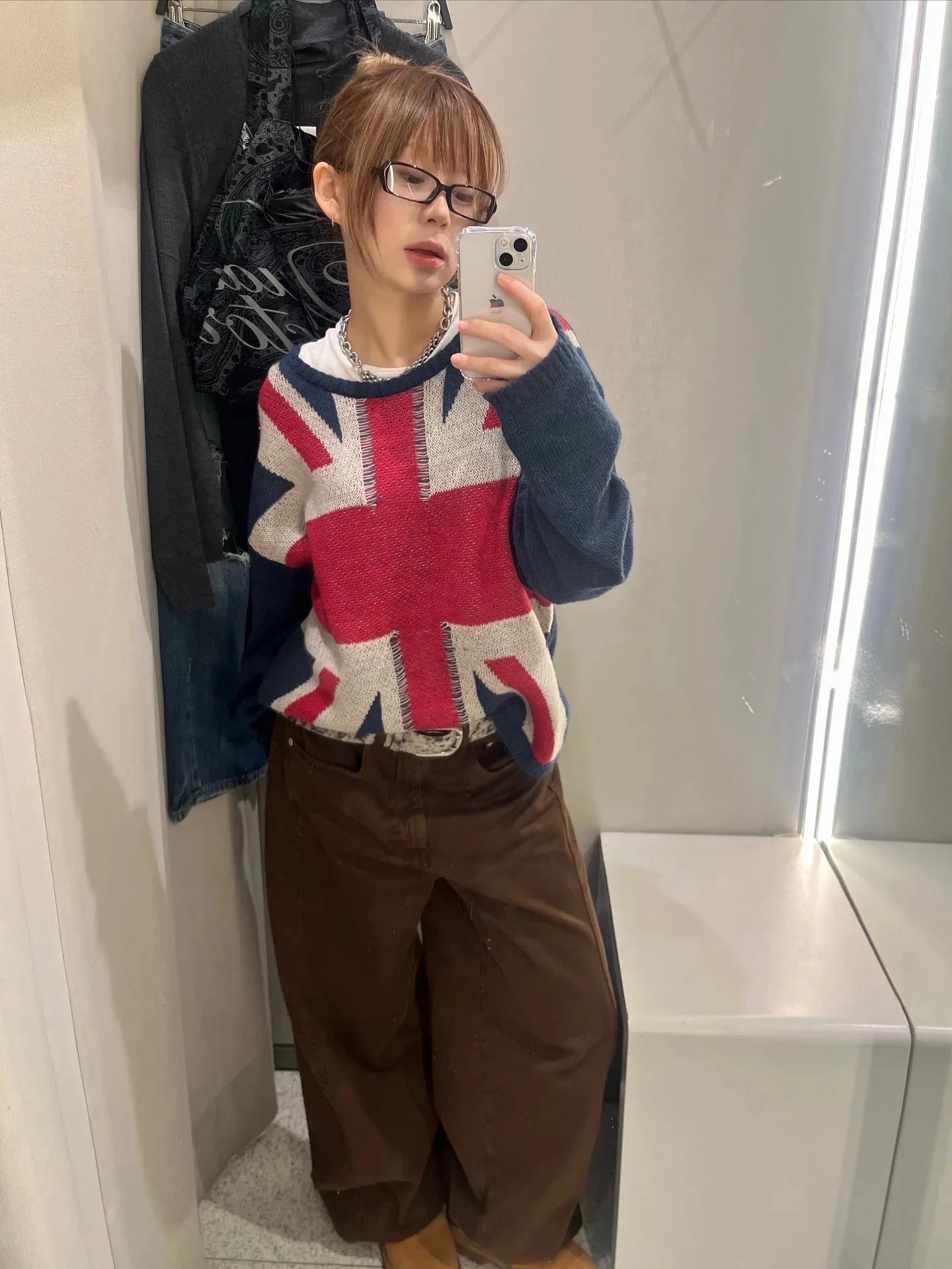 Y2K Unisex Union Jack Sweater, British Flag Graphic Long Sleeve Top, Casual Oversized Streetwear Knitted Jumper