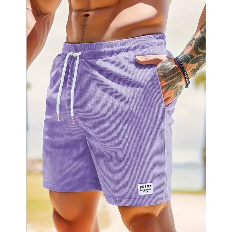 Men's Workwear Shorts Summer Casual Corduroy Loose Elastic Waist Multi-Pocket Leisure Pants Embroidery Retro Style Male Trousers