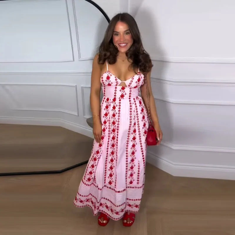 Fashion Women's Dress Halter Sleeveless Hollow Out Print Female Dresses 2026 Summer Vacation Holiday Beach Chic Sexy Lady Robe
