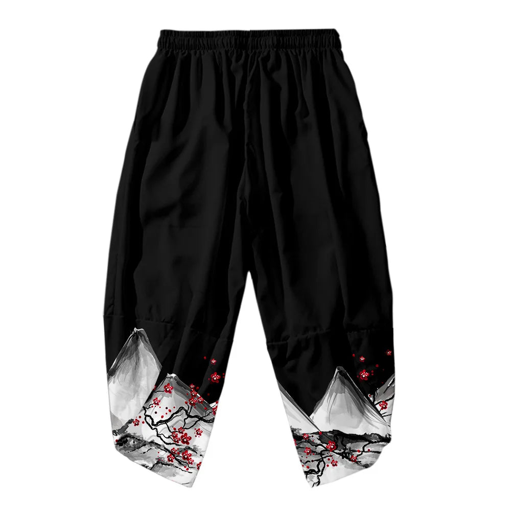 Men Yukata Style Harajuku Cardigan Traditional Japanese Great Wave of Kanagawa Crane Printed Trousers Asian Costume Kimono Pants