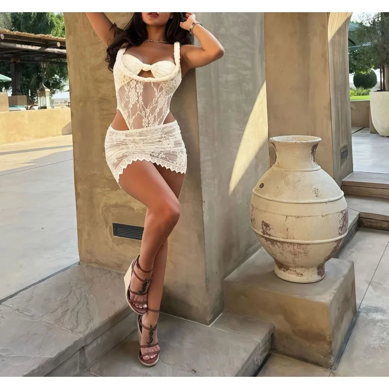 Beach Vacation Style Solid Color Lace Two-piece Set for Women 2026 New One-word Neck Sleeveless Swimsuit Short Skirt