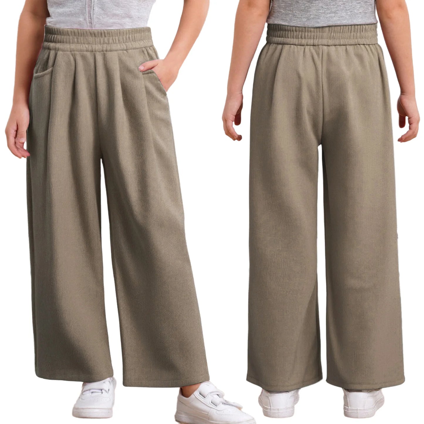 Kids Girls High Waist Corduroy Trousers Retro Straight Causal Full Length Wide Leg Pants with Pockets Fashion Baggy Sweatpants