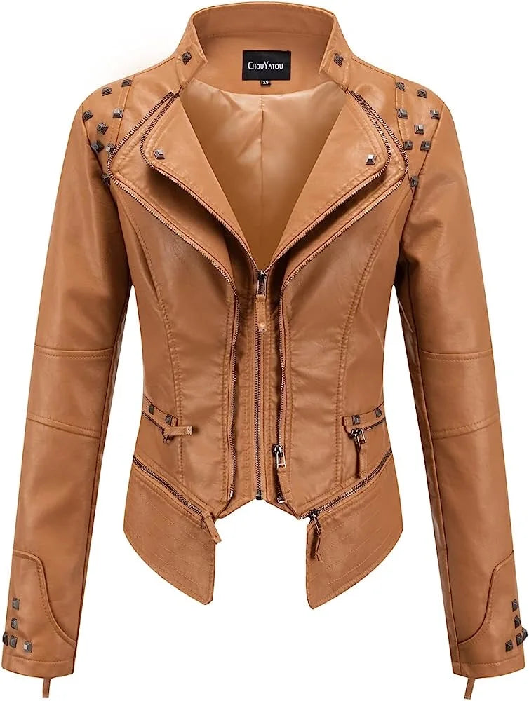 2025 Spring Women PU Leather Jacket With Suit Collar And Rivet Waist