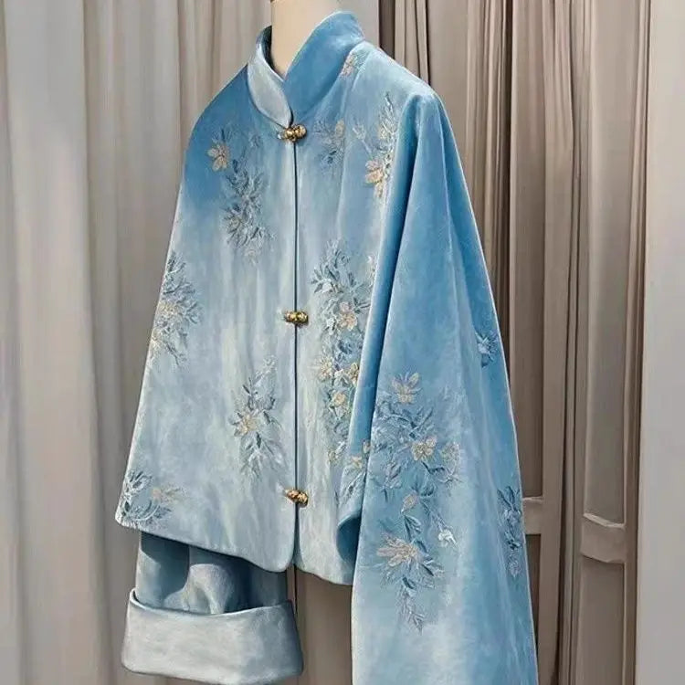 Winter Coat New Chinese Style Standing Collar Tang Suit Blue Embroidered Velvet Jacket Women Clothing Loose Short Coat Women Top