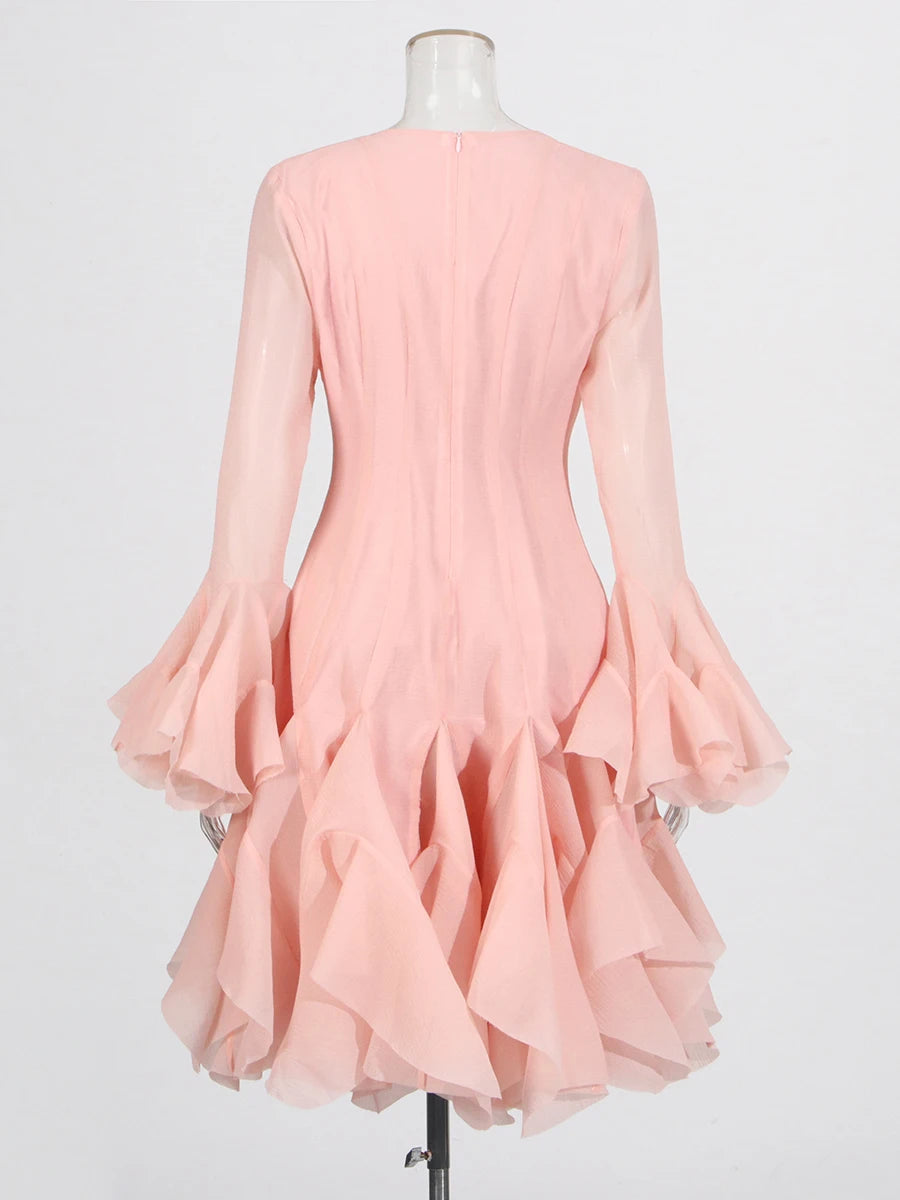 TWOTWINSTYLE Solid Long Dresses For Women Round Neck Flare Sleeve High Waist Slim A Line Spliced Ruffles Dress Female Fashion