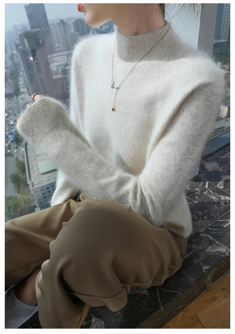 2024 Autumn And Winter New Women's Semi High Neck New Fashion Mink Sweater Long Sleeved Loose Sweater Slimming Knit Sweater Base