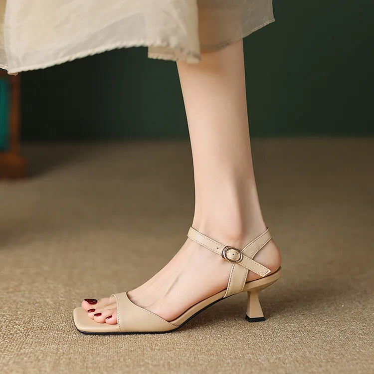 2025 Summer Sandals Women Shoes Open-Toe Thin Heel Women Sandals Split Leather Square Toe Shoes for Women High Heels Handmade
