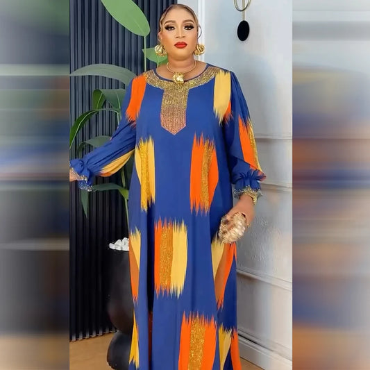 High Quality African Women Plus Size Dress Round Neckk Robes Diamond Dashiki Maxi Dresses Muslim Femme Elegant Abayas Fashion