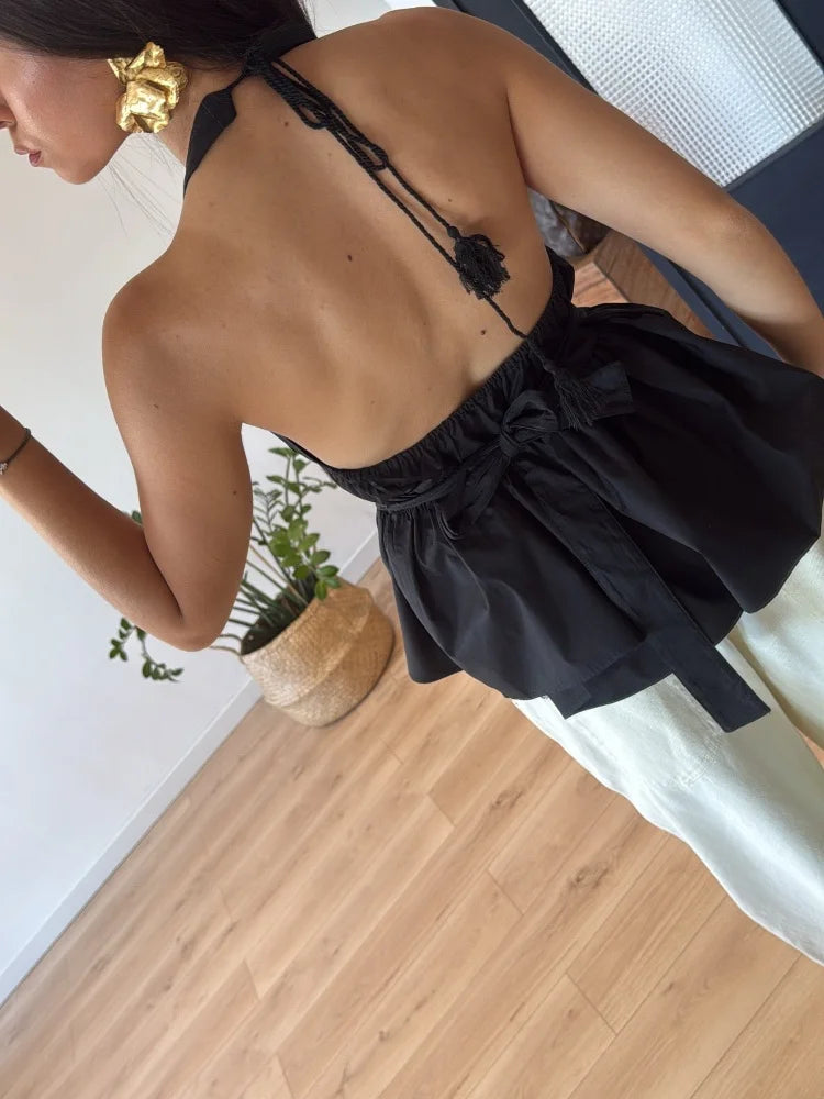 Women Trendy Black Halter Neck Peplum Top Open Back High Neck Tie Waist Sleeveless Blouse For Women Summer Casual Daily Outfit