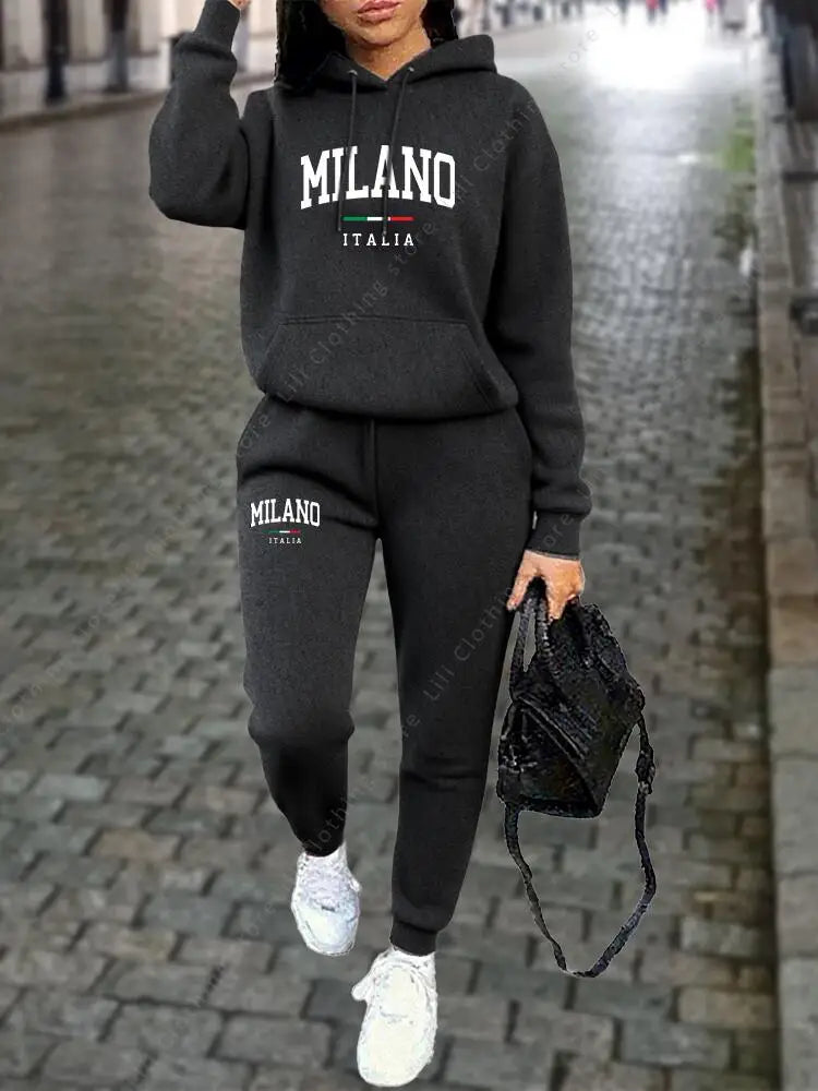 Milano Women Tracksuit Set Hoodie Sweatshirt Sweatpants Two Piece Autumn Winter
