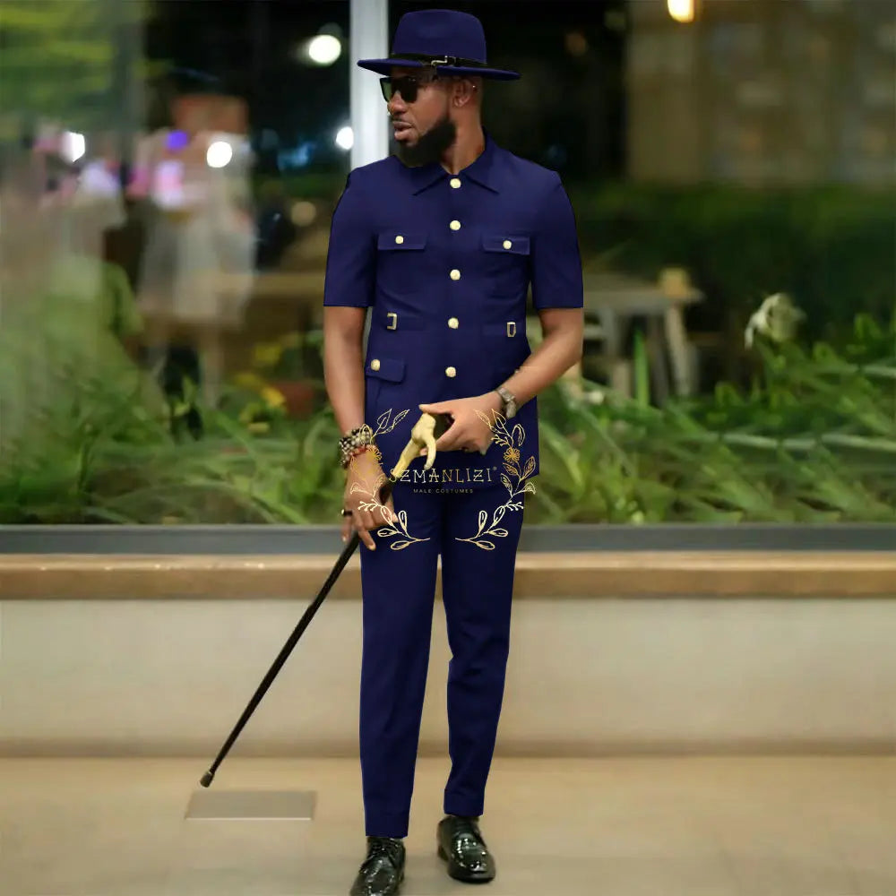 African Style Suits Men For Wedding Customized 2 Pieces Single Breasted Jacket Pants 2 Pieces Groom Tuxedos costume homme