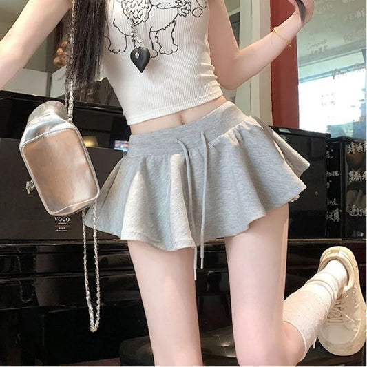 Solid Color Drawstring Half Body Skirt Pants, Spicy Girl Pure Desire, Casual Sports Short Skirt Pants, High Waist