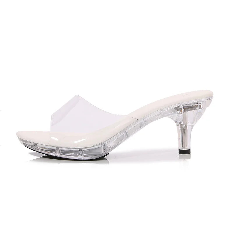 6CM New Outdoor Transparent Crystal Summer Sandals Women's Slippers  Beach Ladies Clear High Heels Sexy Women Party Shoes White