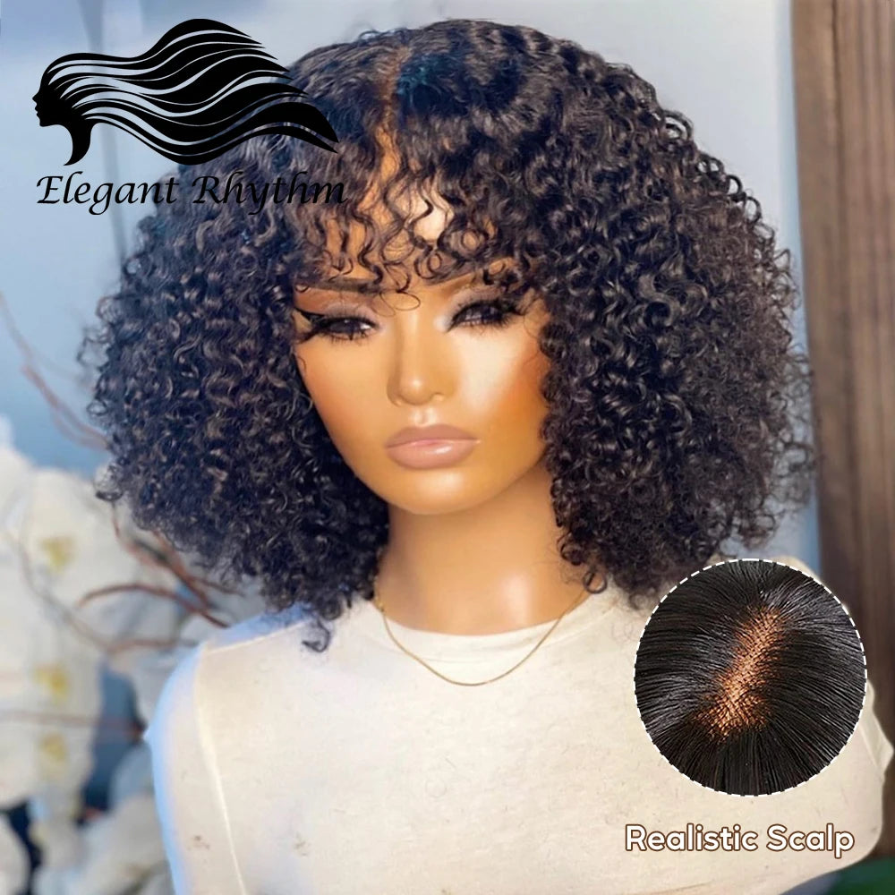 Fake Scalp Curly Wig With Bangs 180% Density Glueless Kinky Curly Brazilian Virgin Human Hair Lace Wigs with Bangs Natural Black