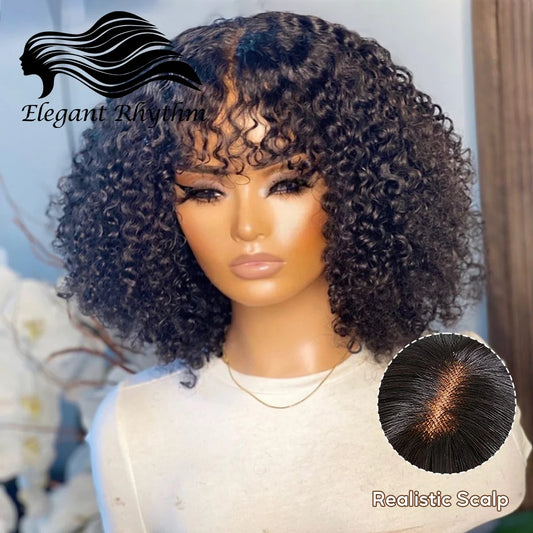 Fake Scalp Curly Wig With Bangs 180% Density Glueless Kinky Curly Brazilian Virgin Human Hair Lace Wigs with Bangs Natural Black