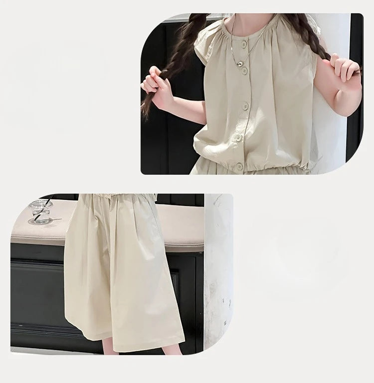 2025 Girls Summer Casual Outfit Big Kids Short Sleeve Top Capris Pants Two Piece Set Matching Big Kids Fashion Suit Holiday Wear