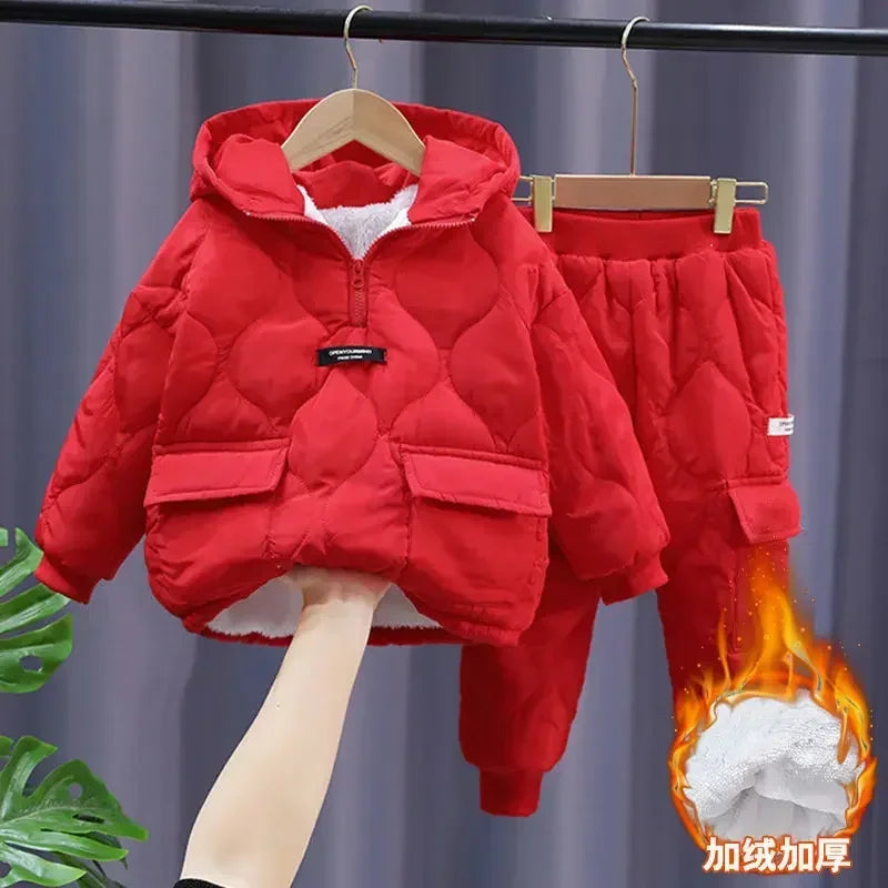 2025 Children Warm Thick Jackets Pants Suit Spring Girls Boys Clothing Sets Coats Trousers 2-10 Y Kids Tracksuit Winter Outfits