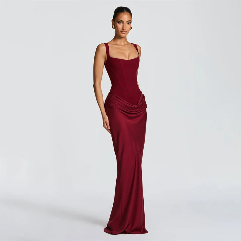 Women Sexy Solid Pleated Strapless Dress Lady Chic Off-shoulder Backless High Waist Split Dresses 2026 New Evening Party Gown