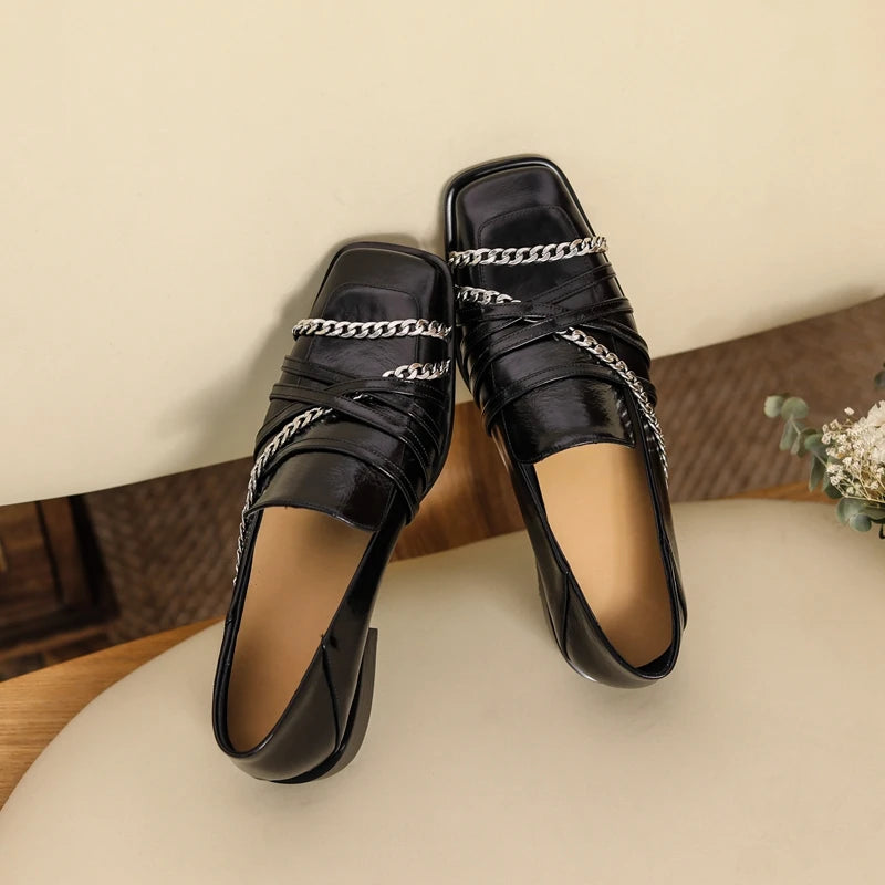 Dilalula 2025 Luxury Genuine Leather Loafers Womens Autum Spring Low Thick Heels Chain Pumps Female Leisure Natural Leather