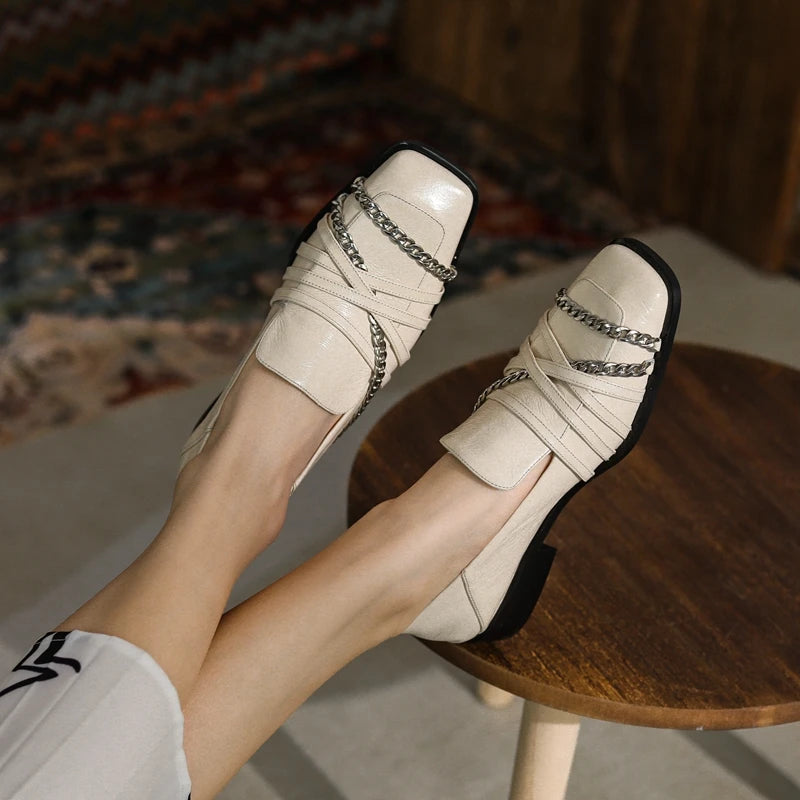 Dilalula 2025 Luxury Genuine Leather Loafers Womens Autum Spring Low Thick Heels Chain Pumps Female Leisure Natural Leather