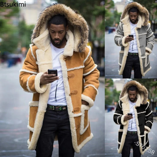 Overcoats Winter Men Jackets Loose Long Cotton-padded Coats Fashion Patchwork Thickened Plush Warm Jackets Casual Streetwear Men