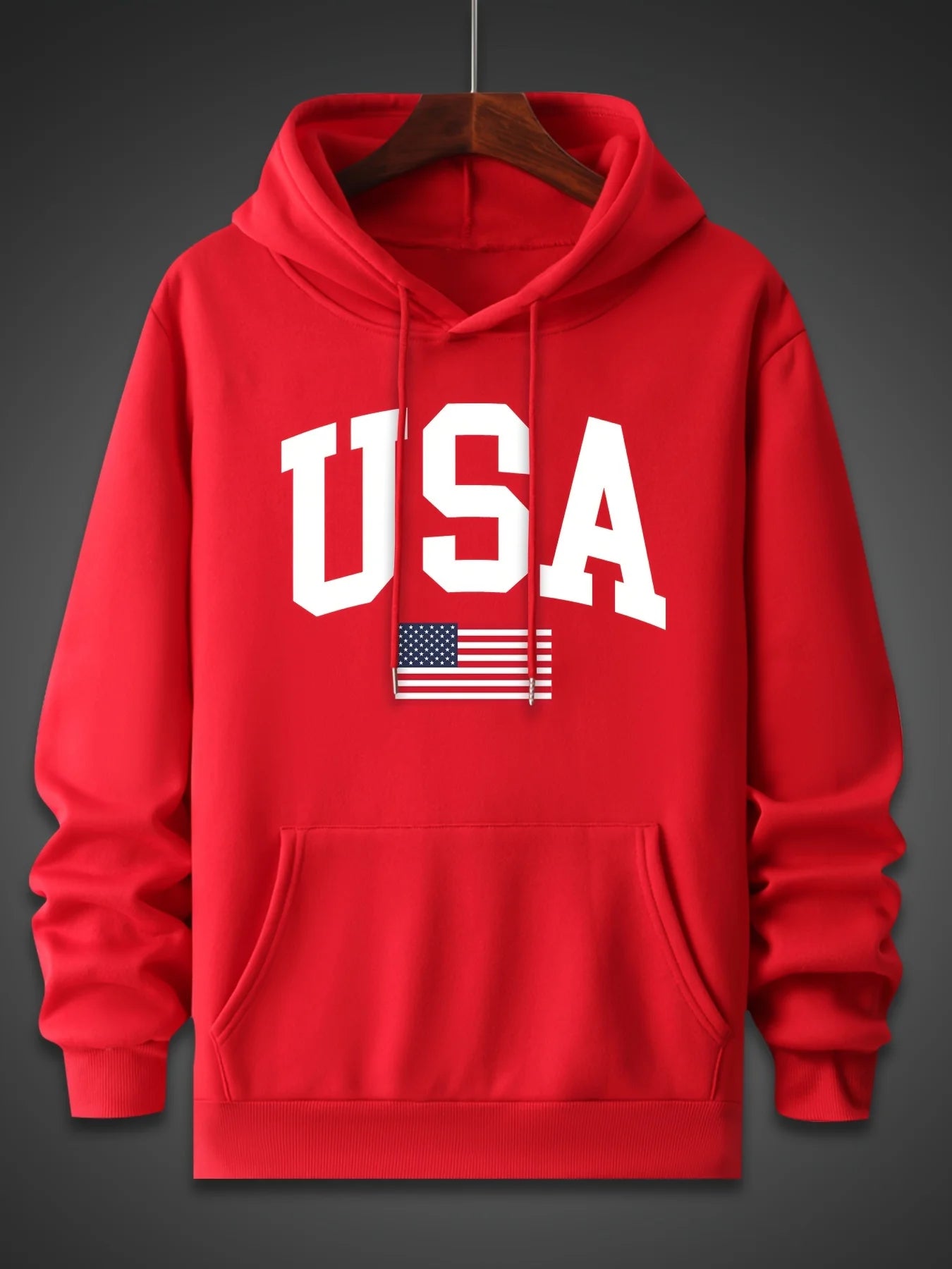 Men's autumn and winter fashionable casual loose oversized USA flag print fleece pullover hooded long sleeved sweatshirt
