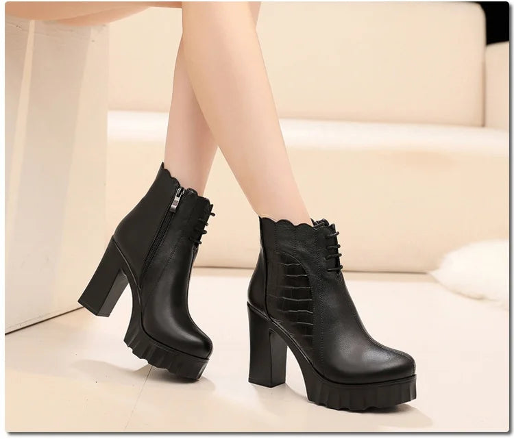 10cm Small Size 32-43 Elegant Fashion Soft Leather Boots Women Platform Shoes 2025 Winter Block High Heels Ankle Boots Office