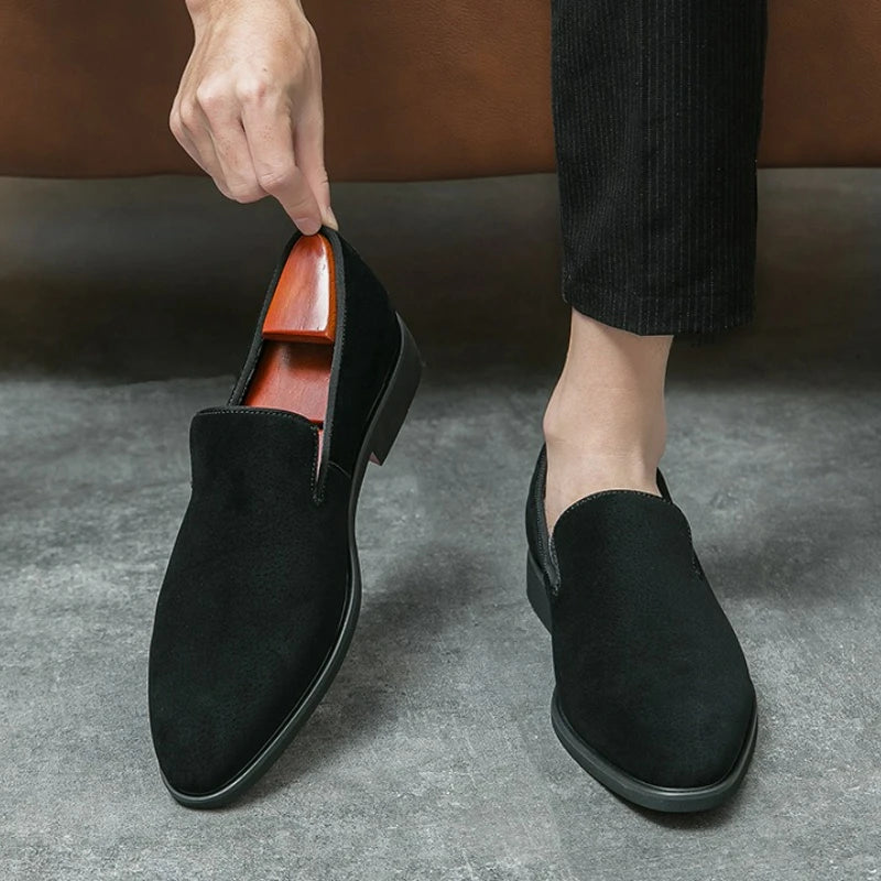 Men's Shoes Suede Leather Shoes Fashion Business Office Dress Shoes Brown Slip on Casual Shoe Red Sole Pointed Toe Male Loafers