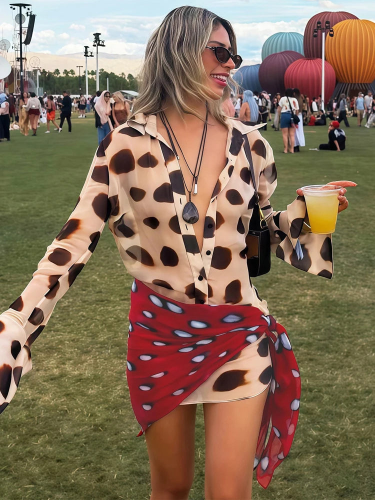 Women Two Tone Dot Print Long Sleeve Split Midi Dress Y2K Deep V Drawstring Slim Mermaid Skirt 2026 Street Club Party Outfit
