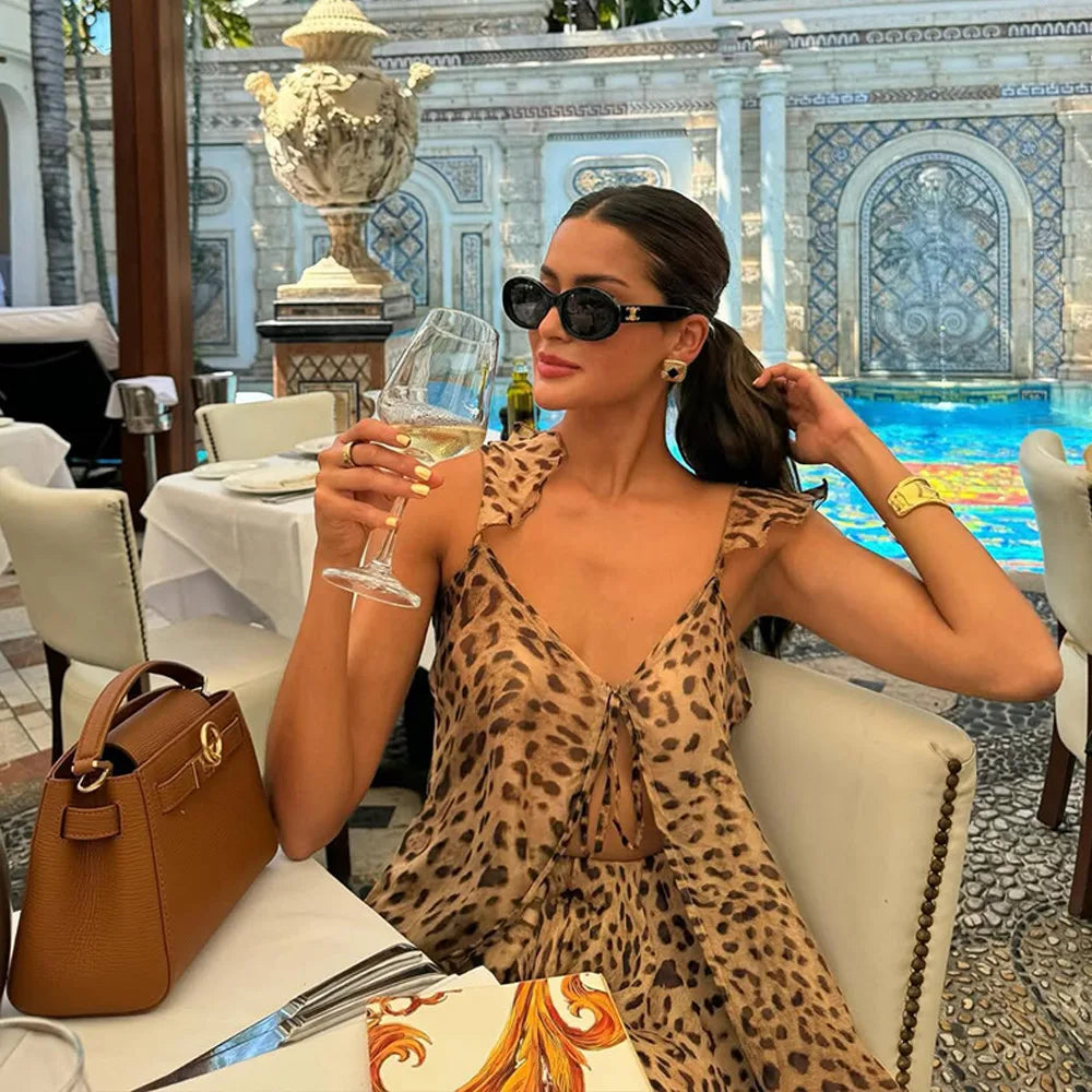 Women's Summer 2025 Beach Vacation Dress Set Chiffon Print Halter Long Dress Loose Leopard Print Shorts Elegant Casual Outfit