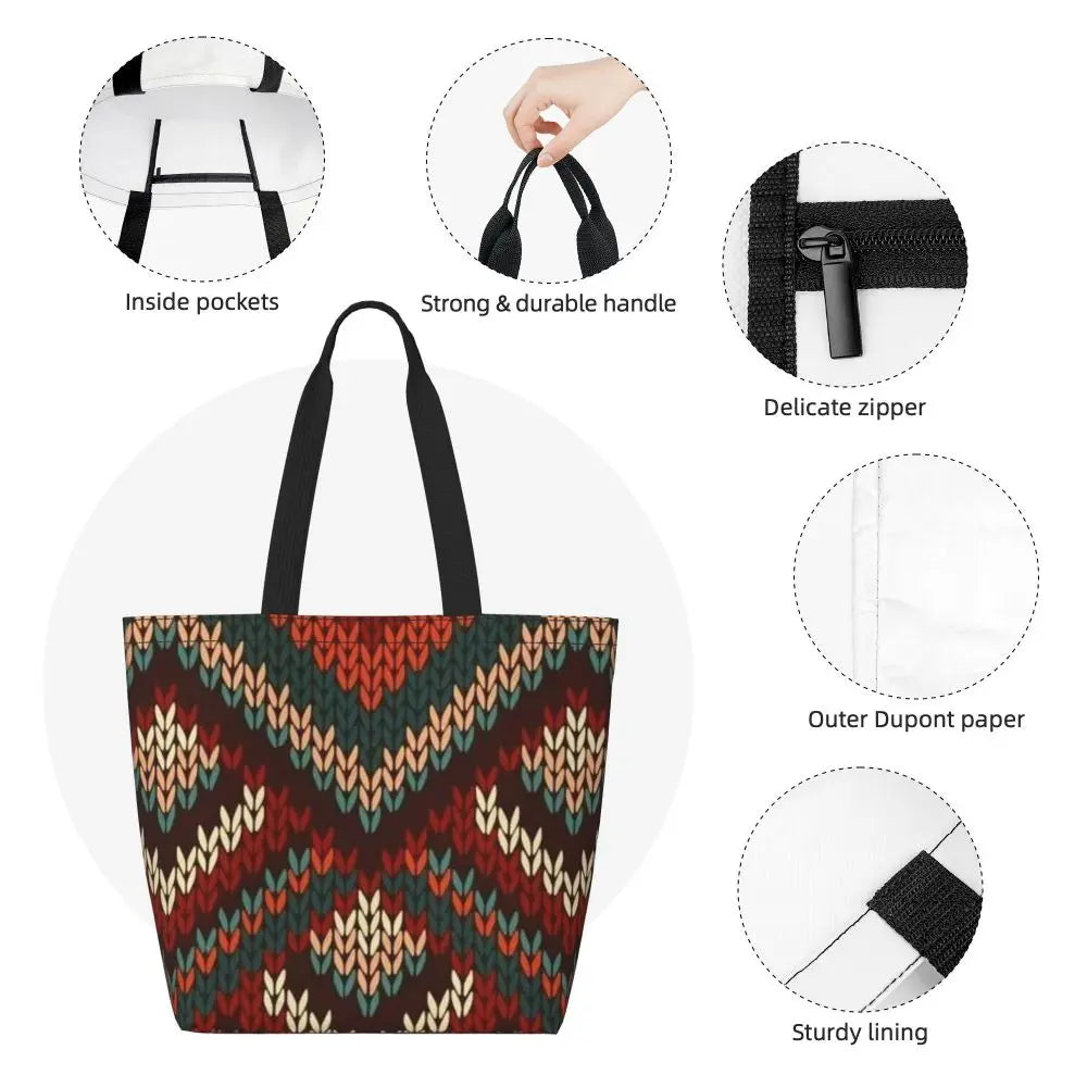 African Ankara Prints Grocery Shopping Tote Bags Women Geometric Ethnic Art Canvas Shoulder Shopper Bags Big Capacity Handbag