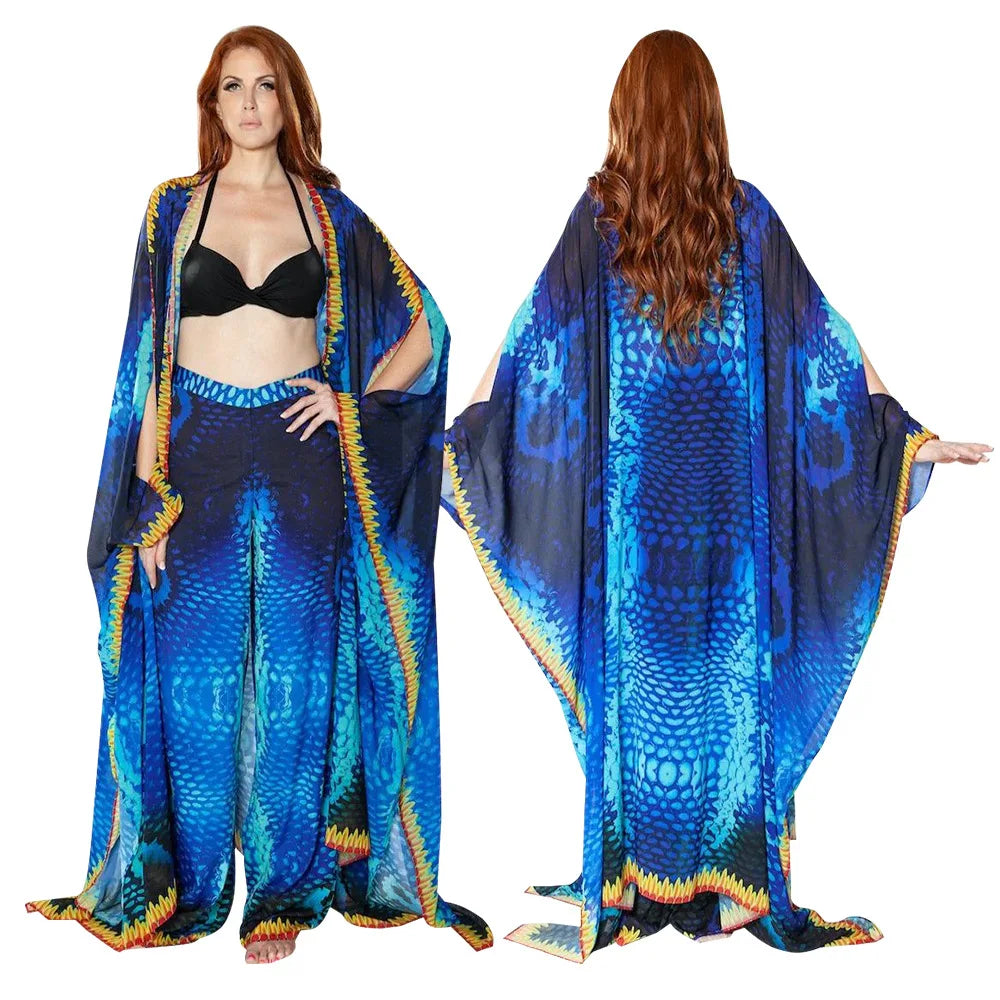 African Dresses for Women See-Through Chiffon Sexy V-neck Bohemian Printing Maxi Dresses Africa Kimono Bikini Holiday Beachwear