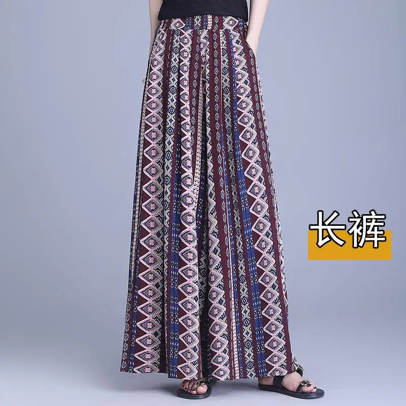 Trousers Chiffon Floral Skirts and Pants for Women in Summer New Thin High-waisted Ethnic Style Casual Wide-leg Pants